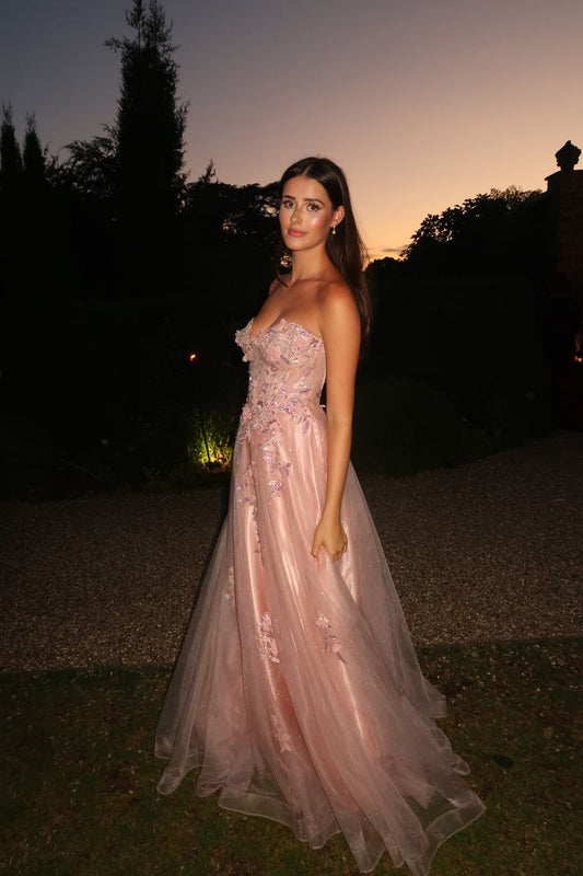 Classic Ball Gown Sweetheart Blush Pink Tulle With Applique Long Prom Dresses Senior Graduation Dance Evening Outfits N027