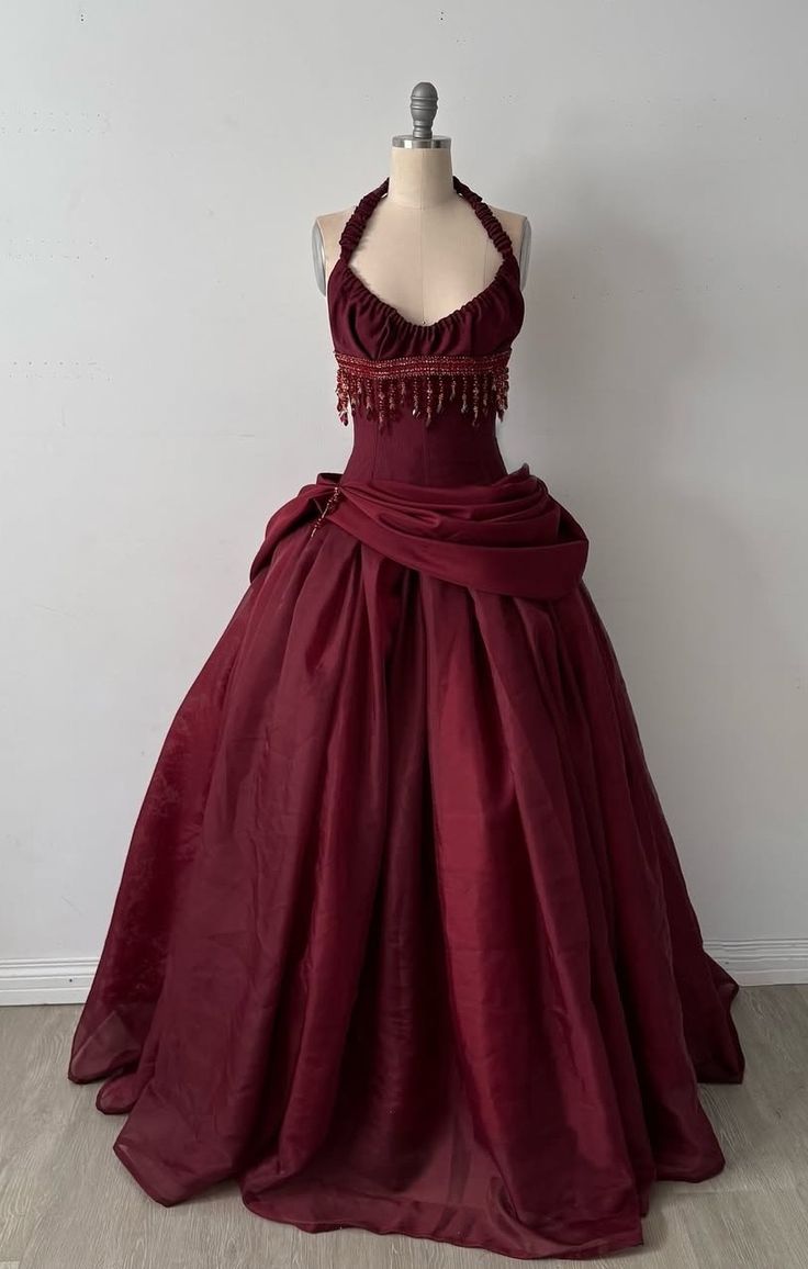Dreamy Ball Gown Halter Sleeveless Sweep Train Taffeta Burgundy Long Prom Dress Evening Party Formal Outfits RB6690