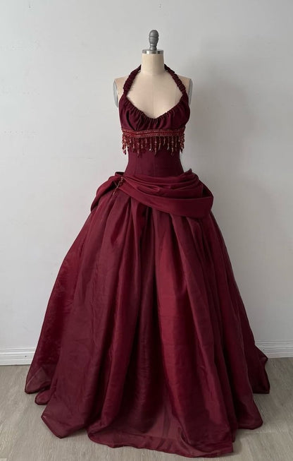 Dreamy Ball Gown Halter Sleeveless Sweep Train Taffeta Burgundy Long Prom Dress Evening Party Formal Outfits RB6690