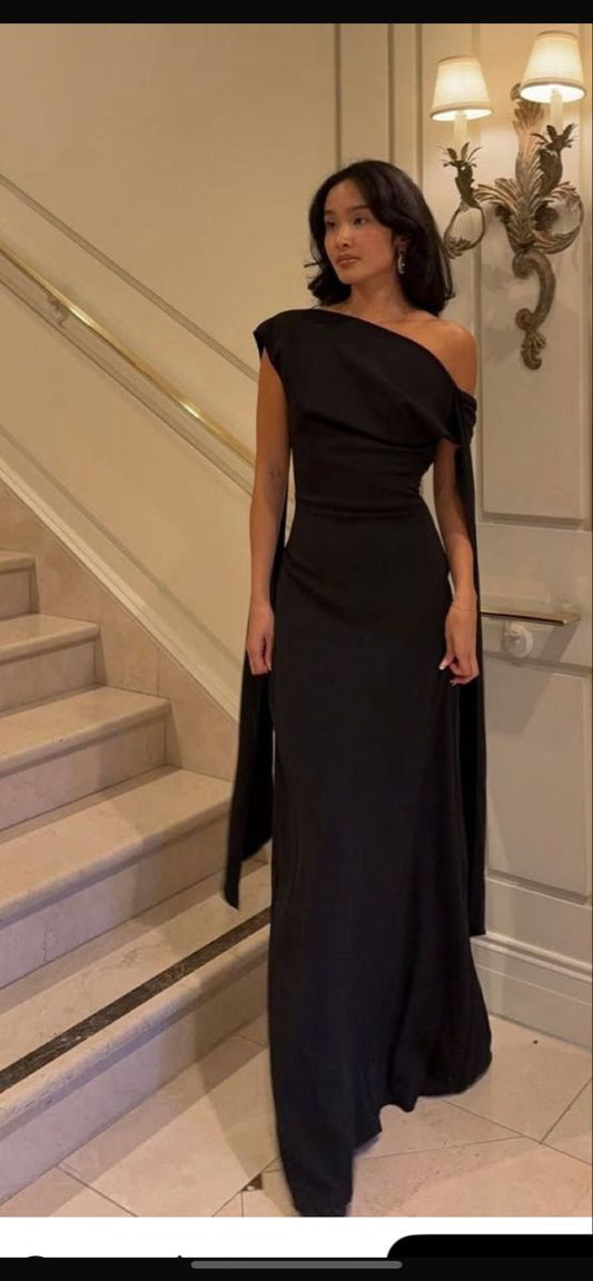 Charming Sheath One Shoulder Black Satin Long Prom Dresses Evening Outfits Formal Dress N1002
