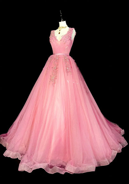 Modest Ball Gown V Neck Pink Tulle Long Prom Dresses Inspiration Party Gowns Princess Formal Dress N1298