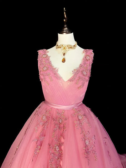 Modest Ball Gown V Neck Pink Tulle Long Prom Dresses Inspiration Party Gowns Princess Formal Dress N1298