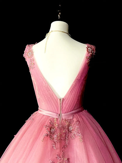 Modest Ball Gown V Neck Pink Tulle Long Prom Dresses Inspiration Party Gowns Princess Formal Dress N1298