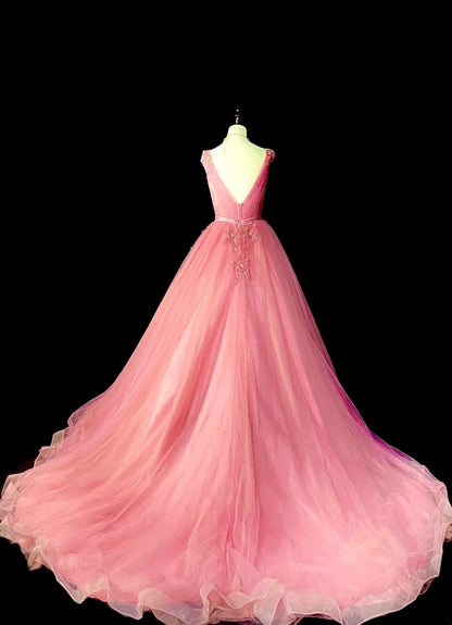 Modest Ball Gown V Neck Pink Tulle Long Prom Dresses Inspiration Party Gowns Princess Formal Dress N1298