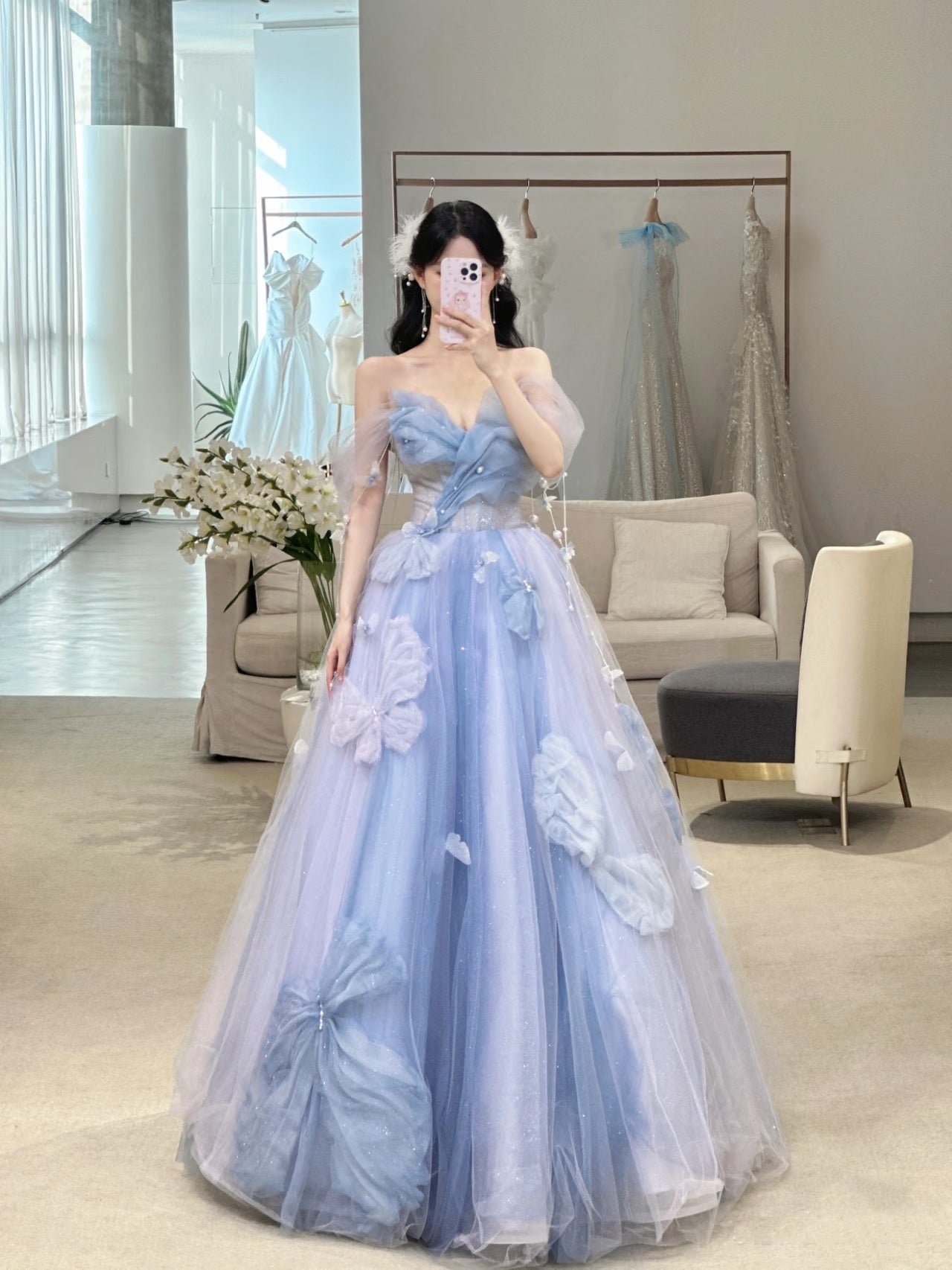 Charming Ball Gown Sweetheart Blue Tulle Long Prom Dresses Formal Party Dress Prom Gown AU112