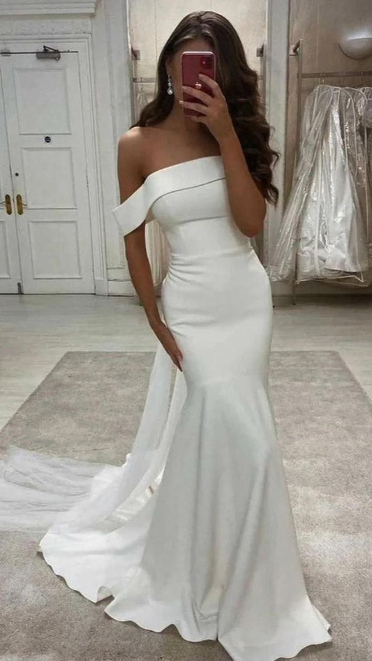 Modest Mermaid Off The Shoulder Fitted Corset White Satin Long Wedding Dress Bride Gowns Wedding Dresses AB068