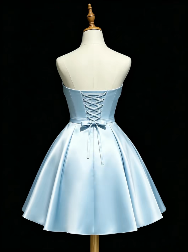 Cute Ball Gown Strapless Blue Satin Short Mini High School Ideas Homecoming Dress Inspo Birthday Dresses Senior Graduation Outfits RB7185