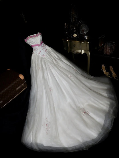 Charming Ball Gown Strapless White Tulle With Beading Long Prom Dresses Formal Outfits Evening Dress RB8267