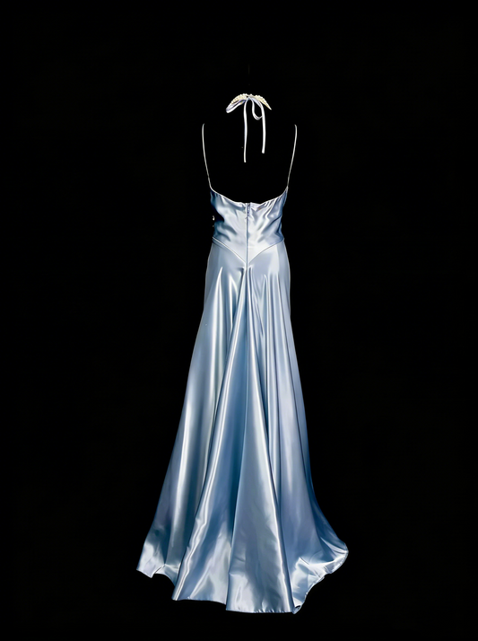 Vintage A line Halter Light Sky Blue Satin Sleeveless 80s Satin Prom Dresses Long Formal Party Gown N1446