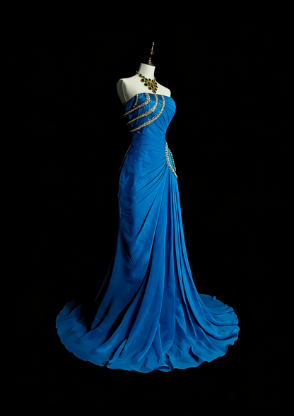 Vintage Mermaid Strapless Chiffon Blue With Beaded Long Summer Prom Dresses Spring Formal Party Dress N1423