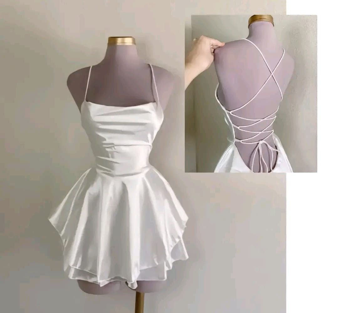 Cute A Line Spaghetti Straps White Backless Short Party Dresses Homecoming Dress Cocktail Gown RB8980