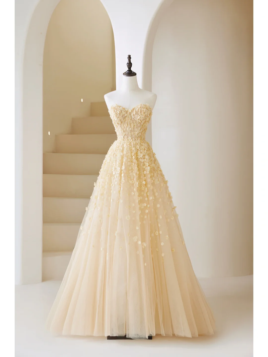 Elegant Ball Gown Sweetheart Yellow Tulle Floral Long Prom Dress Charming Evening Party Dress Fashion Wedding Guest Dress AB1008