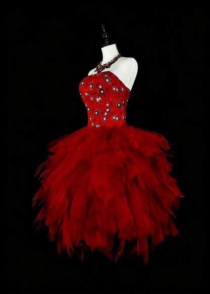Unique Ball Gown Strapless Tulle Red Inspo 2000s Hoco Gowns Short Inspo Homecoming Dresses N1747