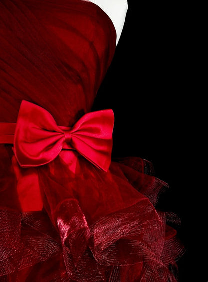Unique Ball Gown Strapless Burgundy Tulle Inspo 2000s Hoco Gowns Short Inspo Homecoming Dresses N1364