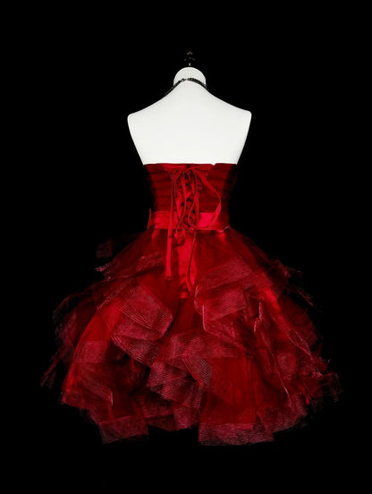 Unique Ball Gown Strapless Burgundy Tulle Inspo 2000s Hoco Gowns Short Inspo Homecoming Dresses N1364