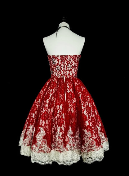 Unique Ball Gown Strapless Lace Red Inspo Vintage Fashion 2000s Hoco Gowns Short Inspo Homecoming Dresses N2010