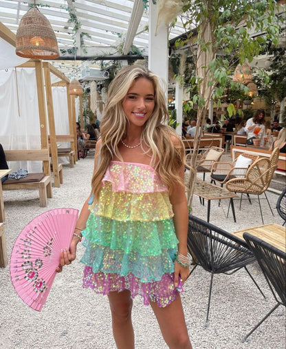 Casual Women's Elegant Spaghetti Strap Multi Colors Sequin Party Dress Middle School Semi Formal Hoco Dresses RB6089