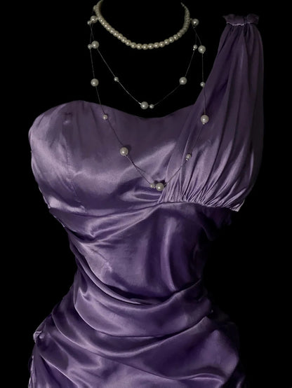 Vintage Prom Dresses 1950s Mermaid One Shoulder Purple Satin Floor Length Sleeveless Evening Formal Outfits RB4930
