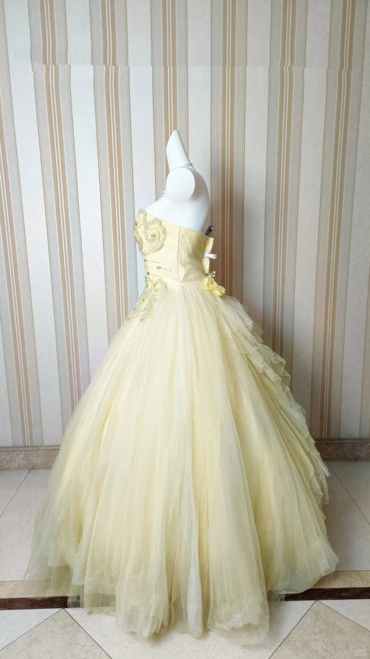 Princess Ball Gown Strapless Yellow Ruffled Layers Tiered With Flowers Sweet 16 Dresses Quinceanera Dress N4184
