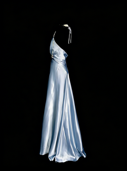 Vintage A line Halter Light Sky Blue Satin Sleeveless 80s Satin Prom Dresses Long Formal Party Gown N1446