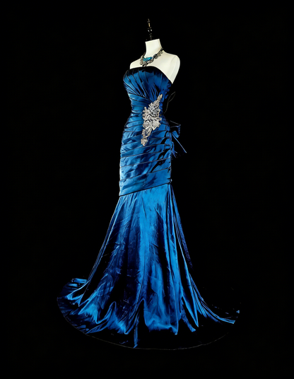 Vintage Prom Dresses Mermaid Strapless Folds Navy Blue Satin With Appliques Long Party Dress N2372