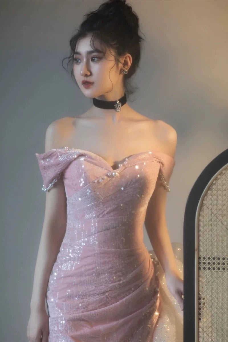 Elegant Mermaid Off The Shoulder Pink With Short Sleeves Formal Dress  Sequin Birthday Prom Dresses N2816