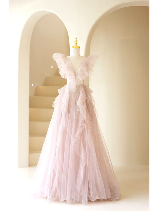 Cute A Line V Neck Pink Tulle Long Prom Dresses Impress 18th Birthday Outfits Prom Gown AB863