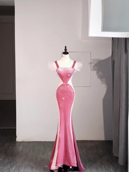 Classy Mermaid Square Pink Velvet Sleeveless Senior Prom dresses High School Long Formal Dress N1277
