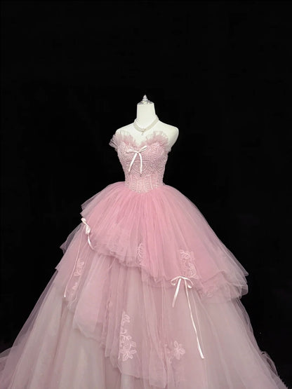 Sweet 15 Quinceanera Dress Ball Gown Sweetheart Pink With Lace Appliqued Tiered 15th Birthday Gown RC0237