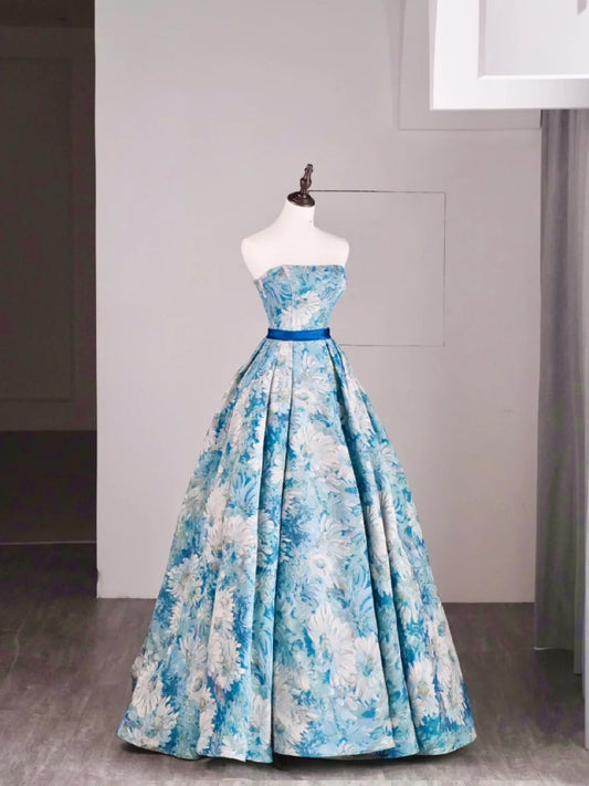 Beautiful Ball Gown Strapless Blue Floral Satin Long Prom Dresses Formal Gowns Inspo Evening Outfit N241