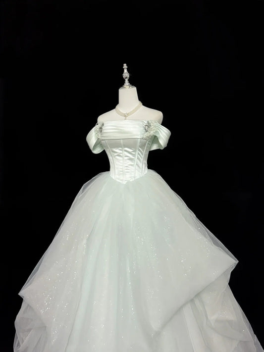 Prom Dress Long Floor Length Ball Gown Off Shoulder Tulle Sage Green With Sleeves Formal Evening Gown For Women RC0305