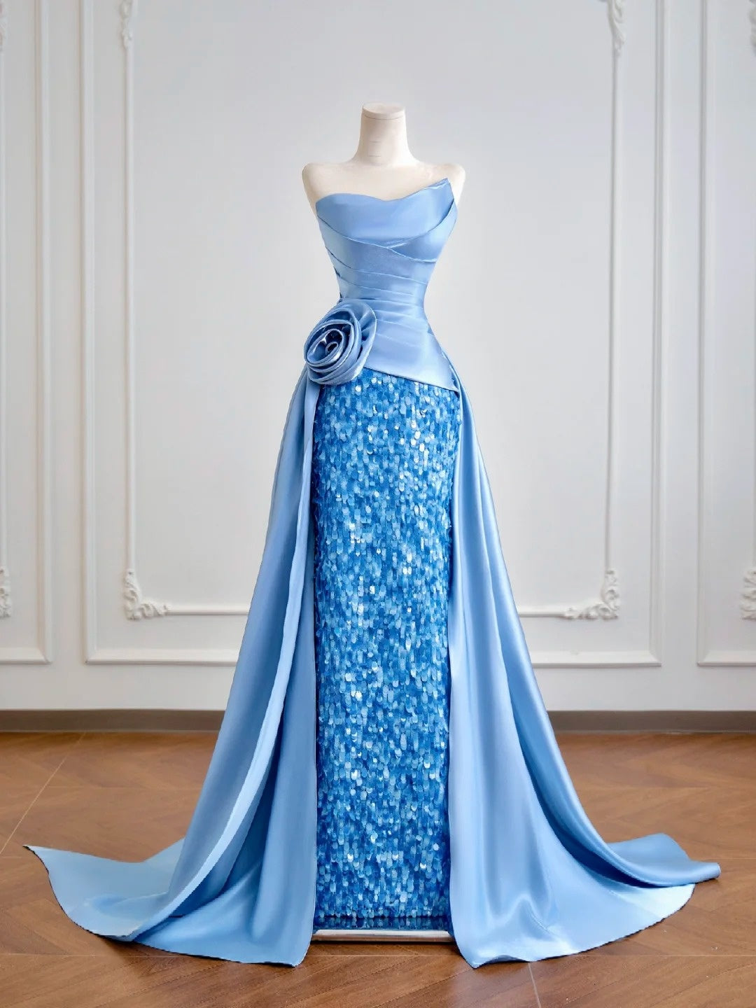 Luxurious Mermaid Strapless Blue Satin With Sequins Prom Dresses Long Evening Formal Birthday Party Gowns N381