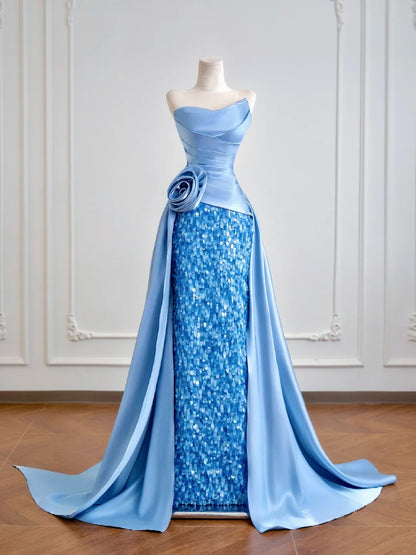 Luxurious Mermaid Strapless Blue Satin With Sequins Prom Dresses Long Evening Formal Birthday Party Gowns N381