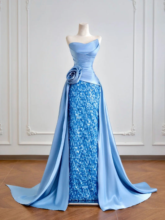 Luxurious Mermaid Strapless Blue Satin With Sequins Prom Dresses Long Evening Formal Birthday Party Gowns N381