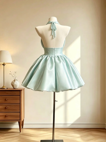Fancy Ball Gown Halter Mint Green Satin Mini Senior Inspo Short Party Formal Homecoming Dresses RB3064
