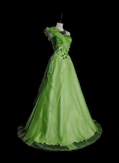 Modest Ball Gown One Shoulder Green Tulle Long Summer For High Schools Prom Dresses Spring Formal Dress N1418