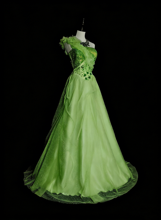 Modest Ball Gown One Shoulder Green Tulle Long Summer For High Schools Prom Dresses Spring Formal Dress N1418