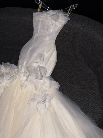Dreamy Mermaid Strapless Tulle White With Flowers Brides Gown Bridal Dress Style Long Wedding Dresses RB6667