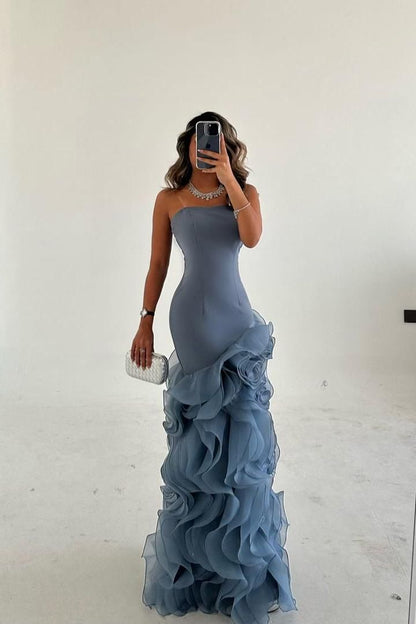 Modest Ruffled Chiffon Pleated Party Gowns Sleeveless Floor-Length Mermaid Prom Dress AB1694