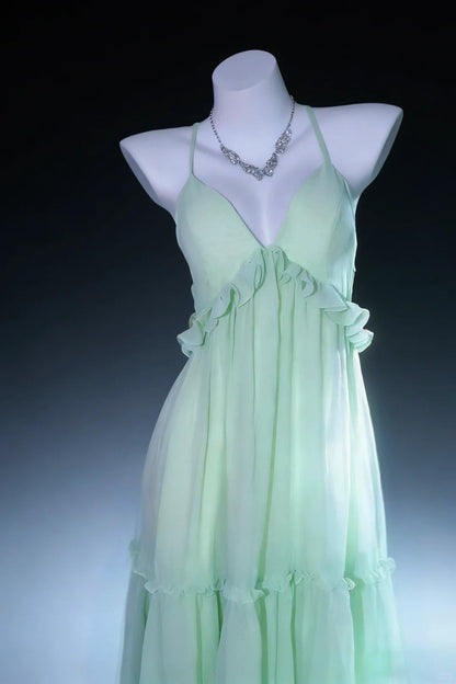 Pretty Prom Dresses A Line Halter Sage Green Chiffon Backless Long Formal Dress N3044