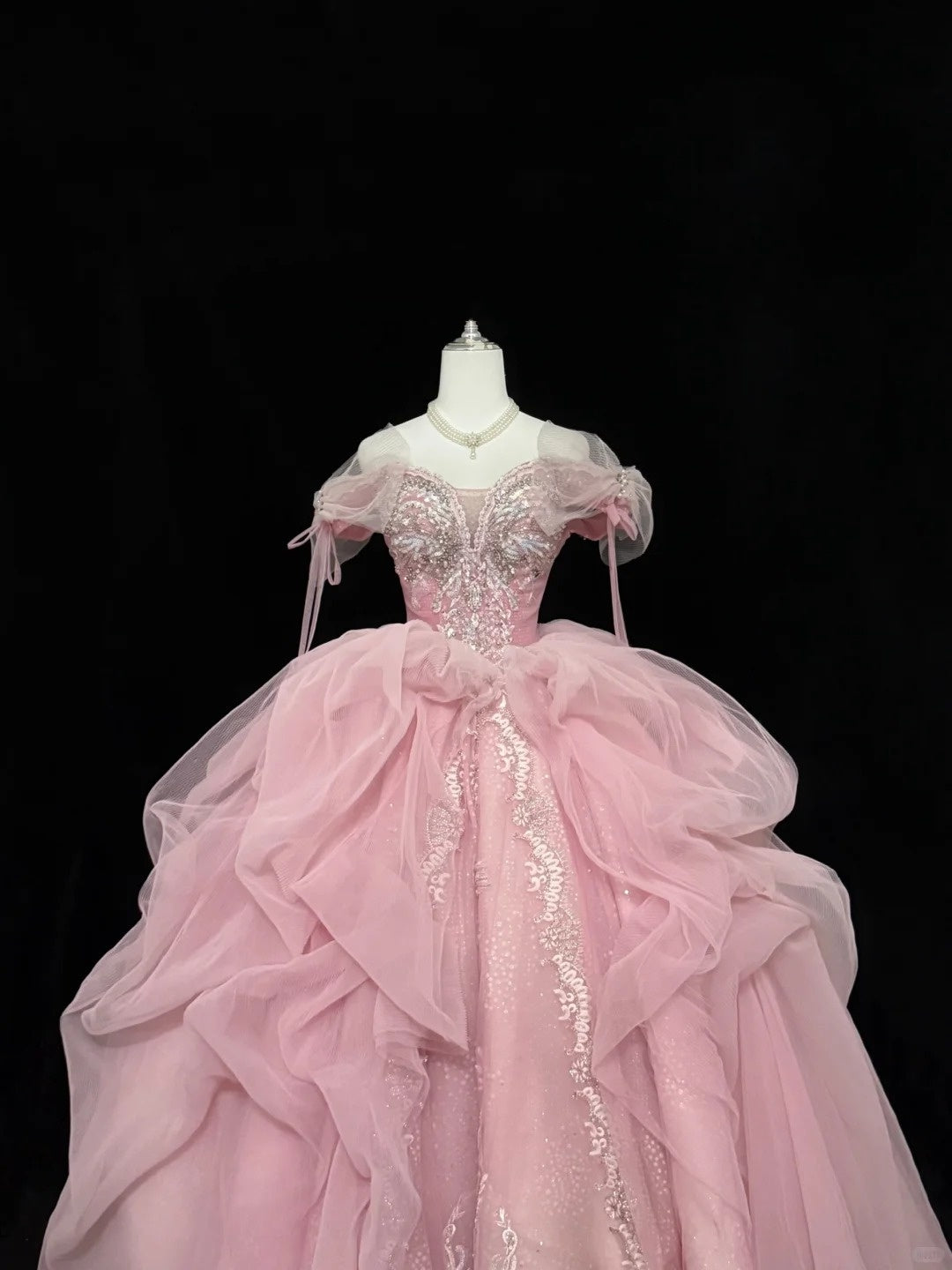 Pink Sweet 16 Dresses Long Ball Gown Off Shoulder With Ruffled Sequined Lace Sweet Sixteen Birthday Gown RC0235