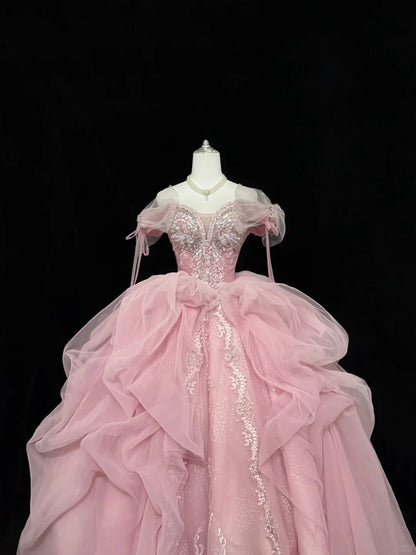Pink Sweet 16 Dresses Long Ball Gown Off Shoulder With Ruffled Sequined Lace Sweet Sixteen Birthday Gown RC0235