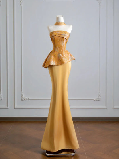 Romantic Mermaid Strapless Gold With Scarf Long Prom Dresses Impress 18th Birthday Outfits Party Gown N398