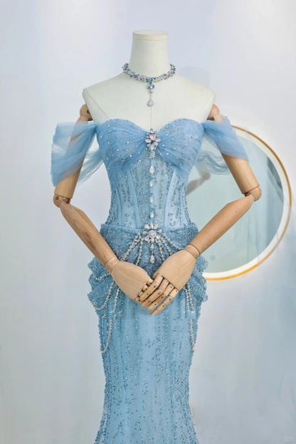 Sparkly Mermaid Off The Shoulder Blue Sequined Long Prom Dresses Party Dress Birthday Outfits Graduation Gown N2842