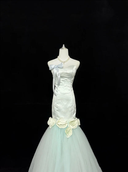 Prom Dress Long Floor Length Mermaid Sweetheart Tulle Sage Green With Flowers Formal Evening Gown For Women RC0307