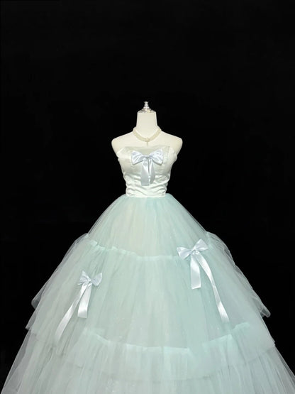 Sweet 15 Quinceanera Dress Ball Gown Strapless Mint Green With Bow-knot Tulle 15th Birthday Gown RC0239