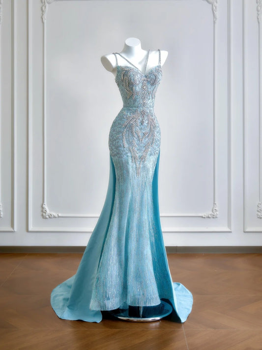Luxurious Mermaid Spaghetti Strap Blue With Silver Beaded Prom Dresses Long Evening Formal Birthday Party Gowns N380