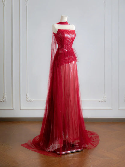Simple A Line Strapless Red With Scarf Prom Dresses Long Evening Formal Gown BirthdayParty Gowns N376