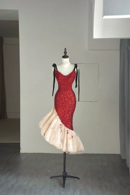 Modest Mermaid Spaghetti Strap Red Sequins College Formal Sweet 16 Outfits Short Prom Dresses For Teens N1177