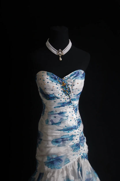 Retro Mermaid Sweetheart Floral Blue 2000s Long Prom Dresses Inspo 19th Birthday Outfits Formal Dress N499